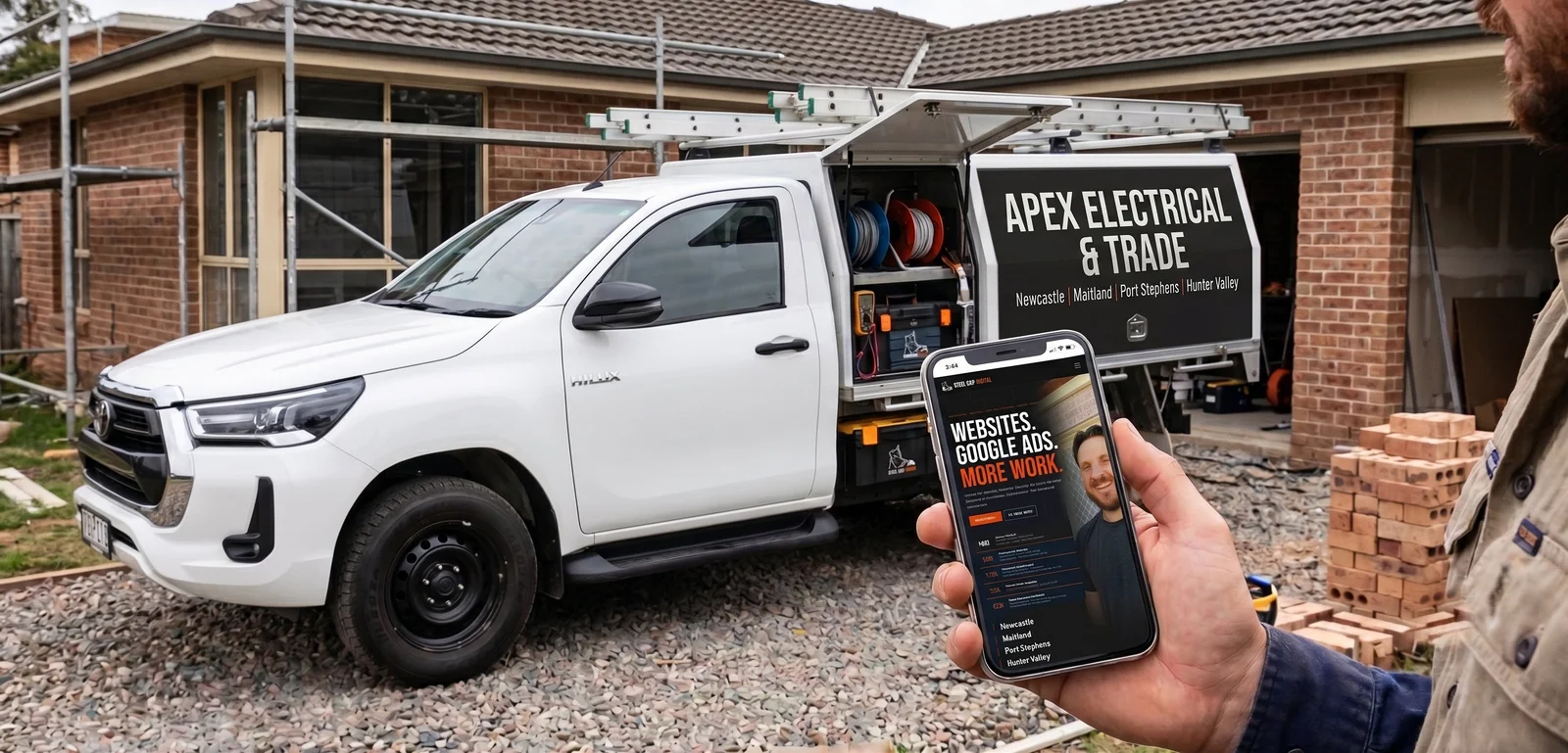 A white Toyota Hilux ute branded Apex Electrical & Trade parked at a new build site, with a tradie holding a phone in the foreground showing a Steel Cap Digital tradie website with the headline 'Websites. Google Ads. More Work.' and the service suburbs Newcastle, Maitland, Port Stephens, and Hunter Valley.