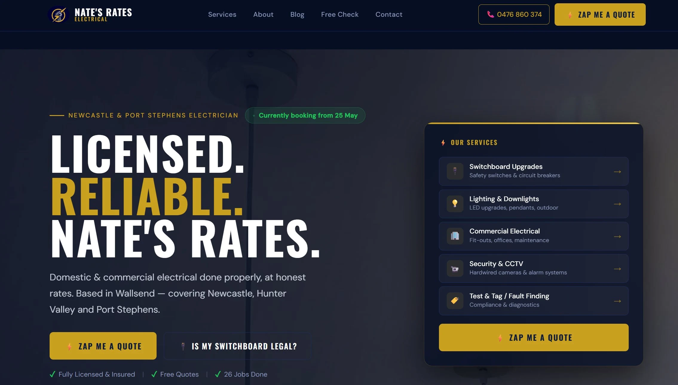 Screenshot of the Nate's Rates Electrical website
