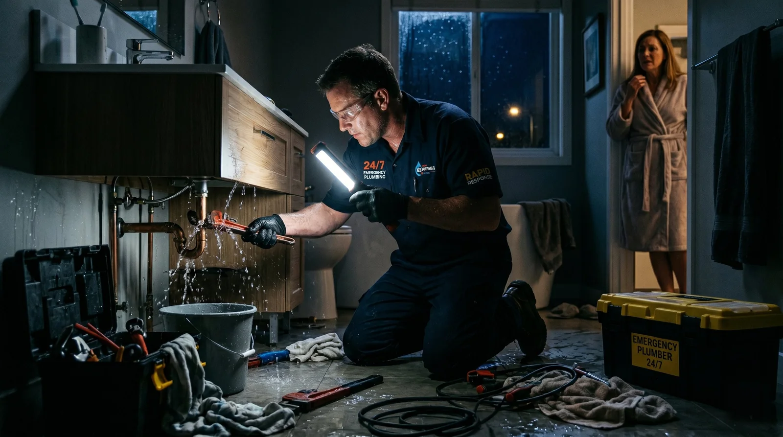 An emergency plumber working under a bathroom sink at night, lit by a portable work light, with water leaking from a copper pipe joint. He wears a navy 24/7 Emergency Plumbing shirt. A homeowner in a bathrobe watches anxiously from the doorway. A yellow 'Emergency Plumber 24/7' toolbox sits open beside him.