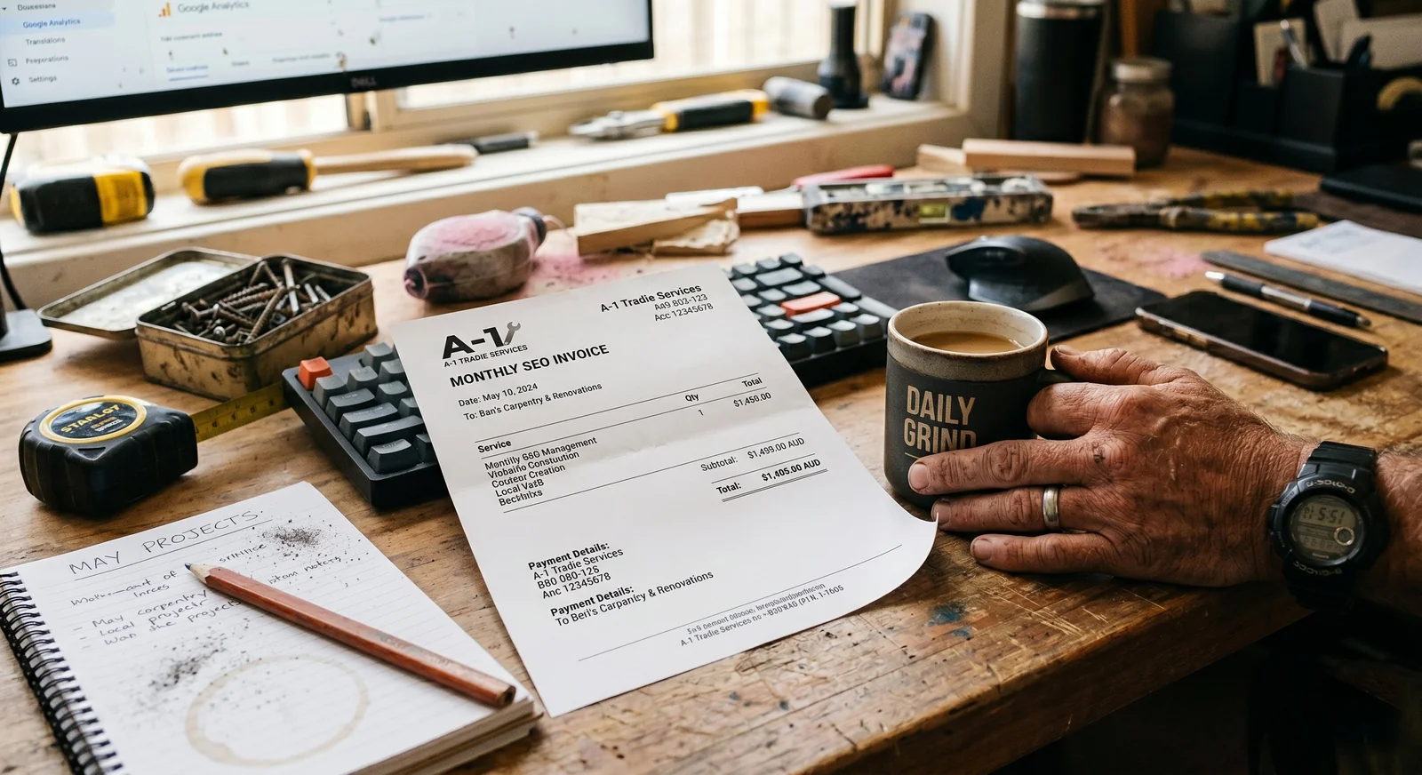 A tradie holding a coffee mug at his workshop bench, looking at a printed monthly SEO invoice from A-1 Tradie Services. The invoice lists vague line items like 'Monthly SEO Management' and 'Content Creation' totalling around $1,500.